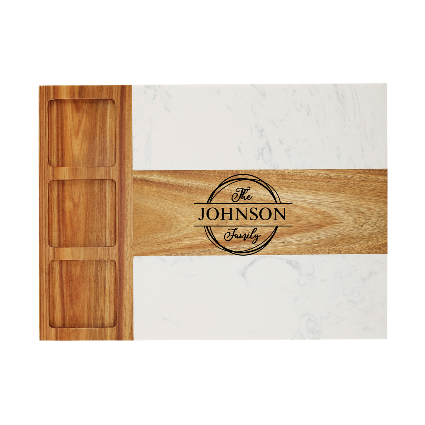 Wooden cutting board with 'The Johnson Family' engraving on a marble surface