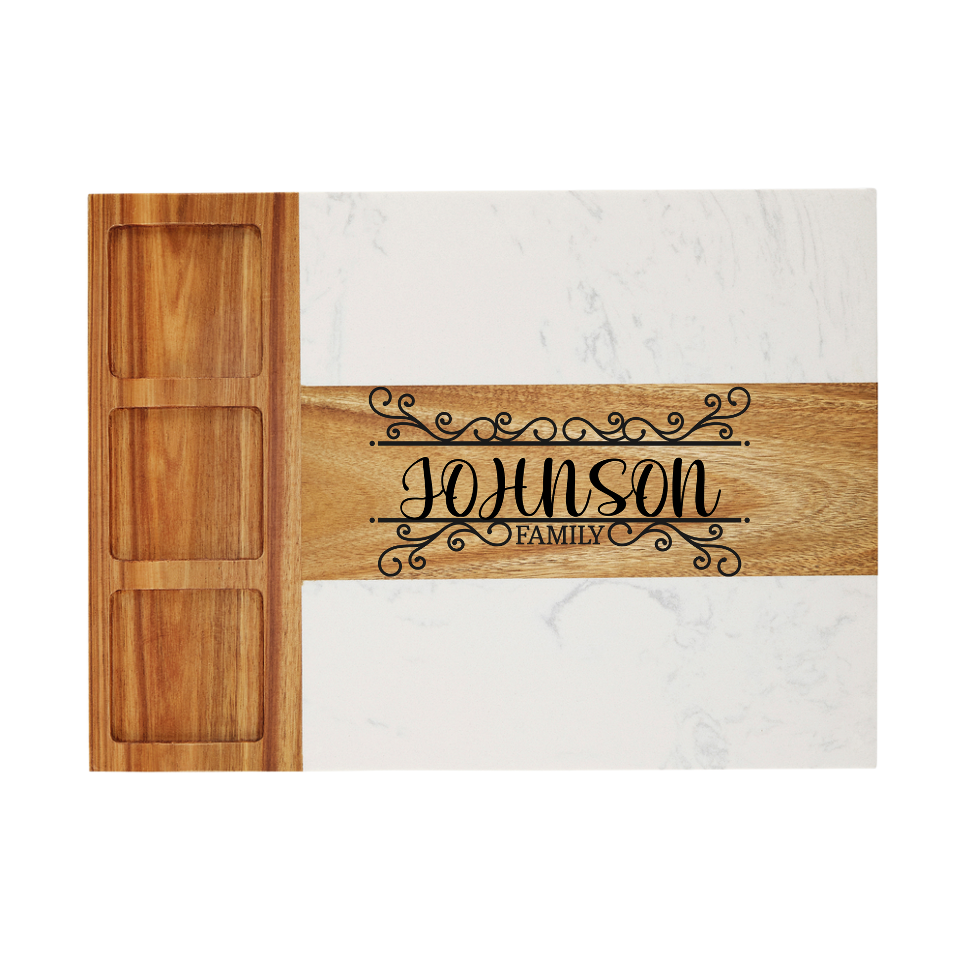 Wooden cutting board with 'Johnson Family' engraving on a marble surface