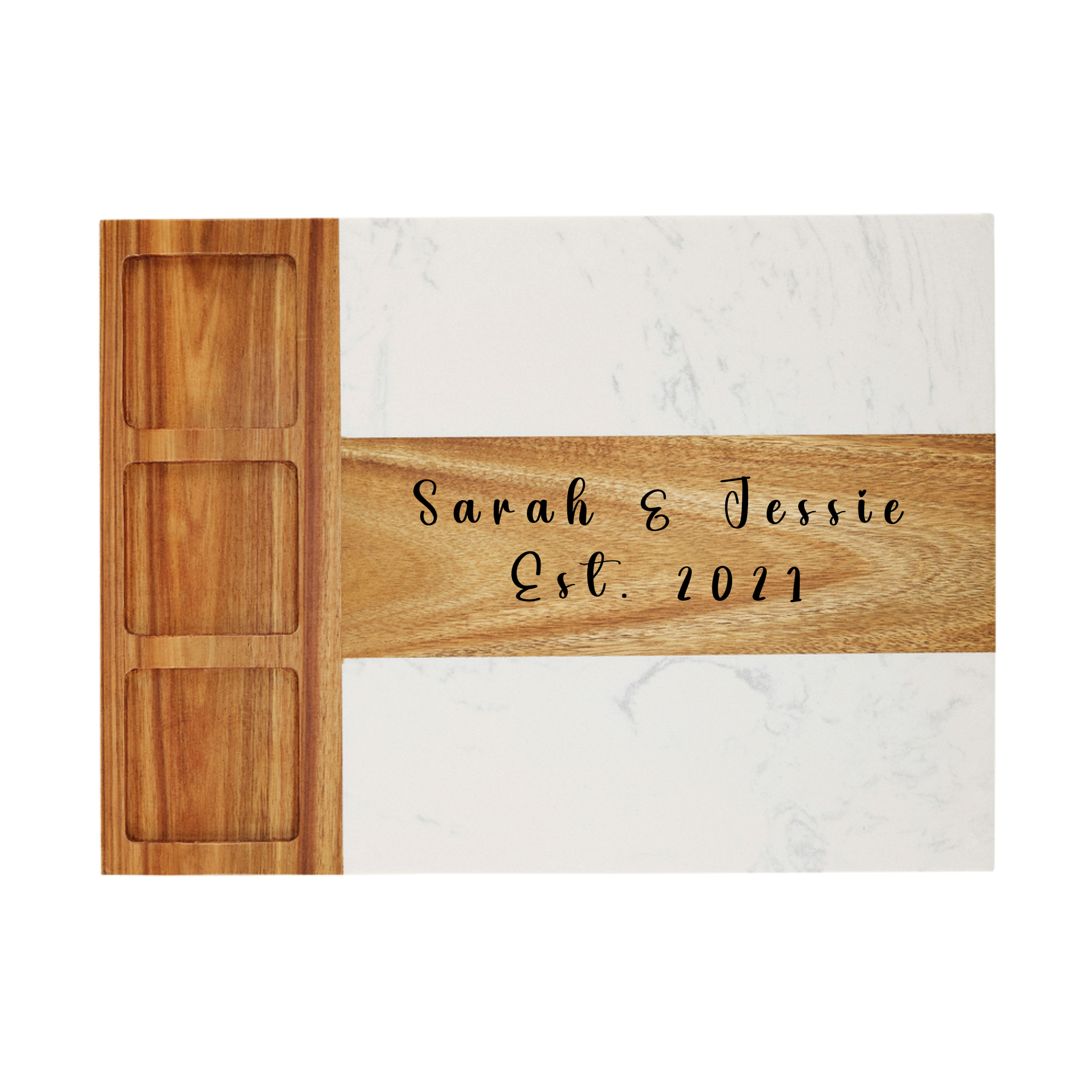 Wooden cutting board with engraved text on a marble background