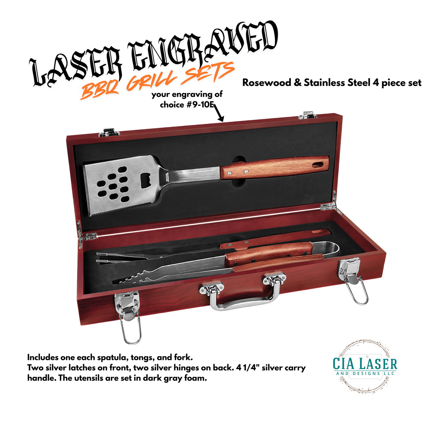 BBQ grill set with rosewood and stainless steel utensils in a red case, featuring laser engraving text.