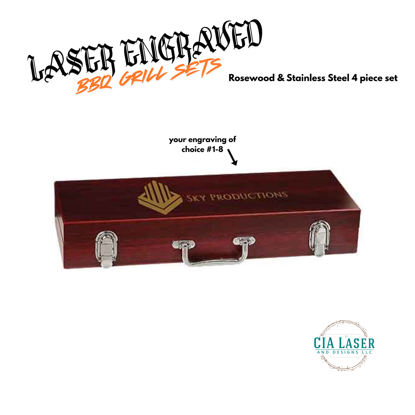 Wooden BBQ grill set box with laser engraving on a white background