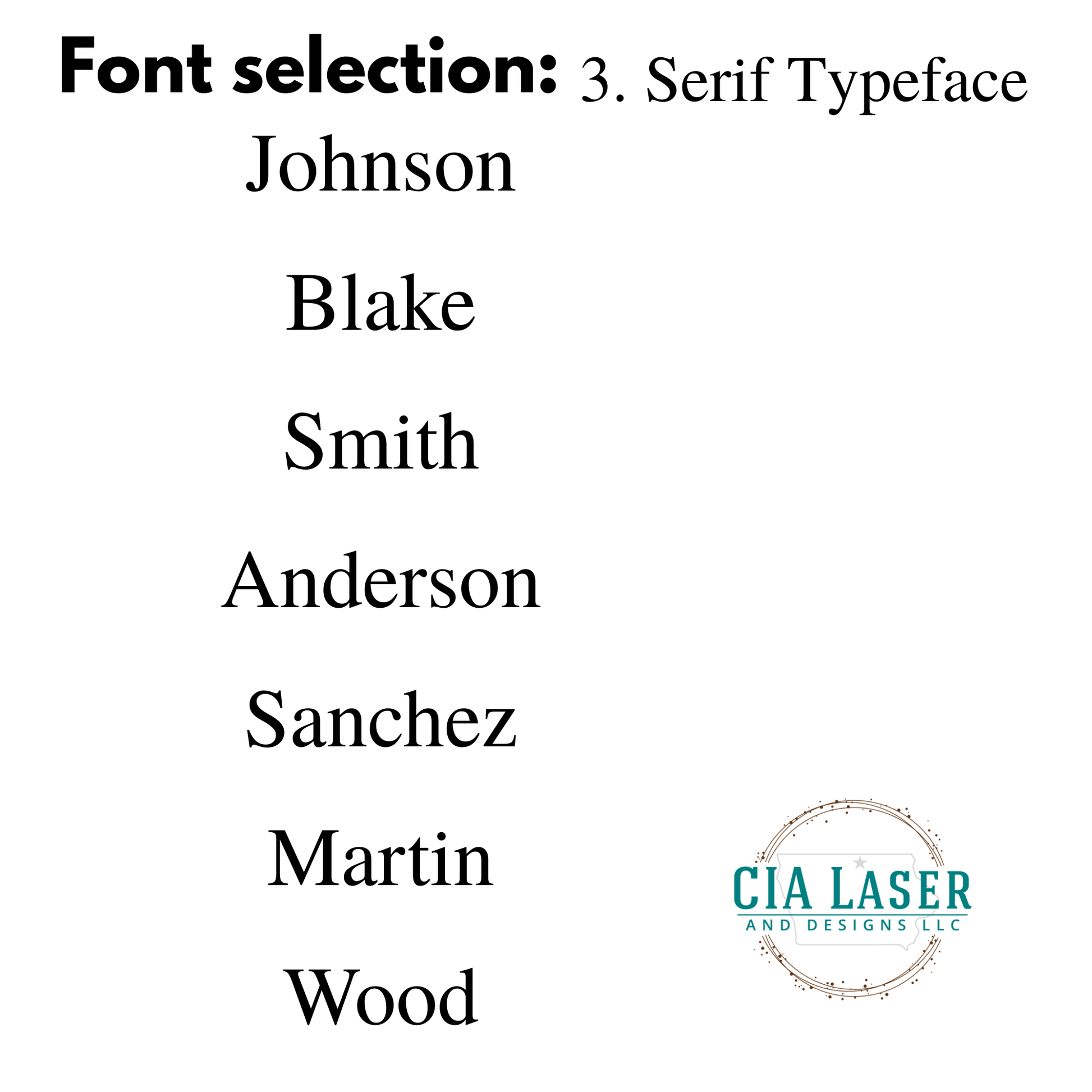 List of serif typeface names with CIA Laser and Designs LLC logo.