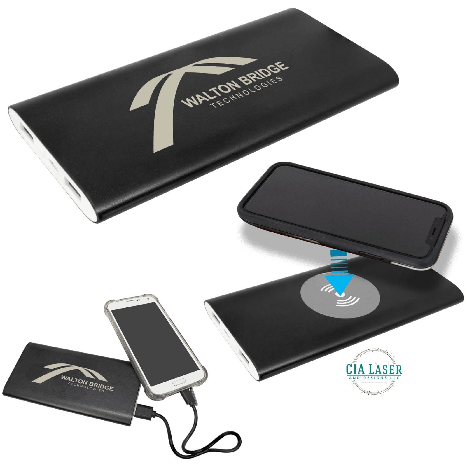 Power Bank and Anodized Aluminum Wireless Charger with Power Cord Personalized Engraved