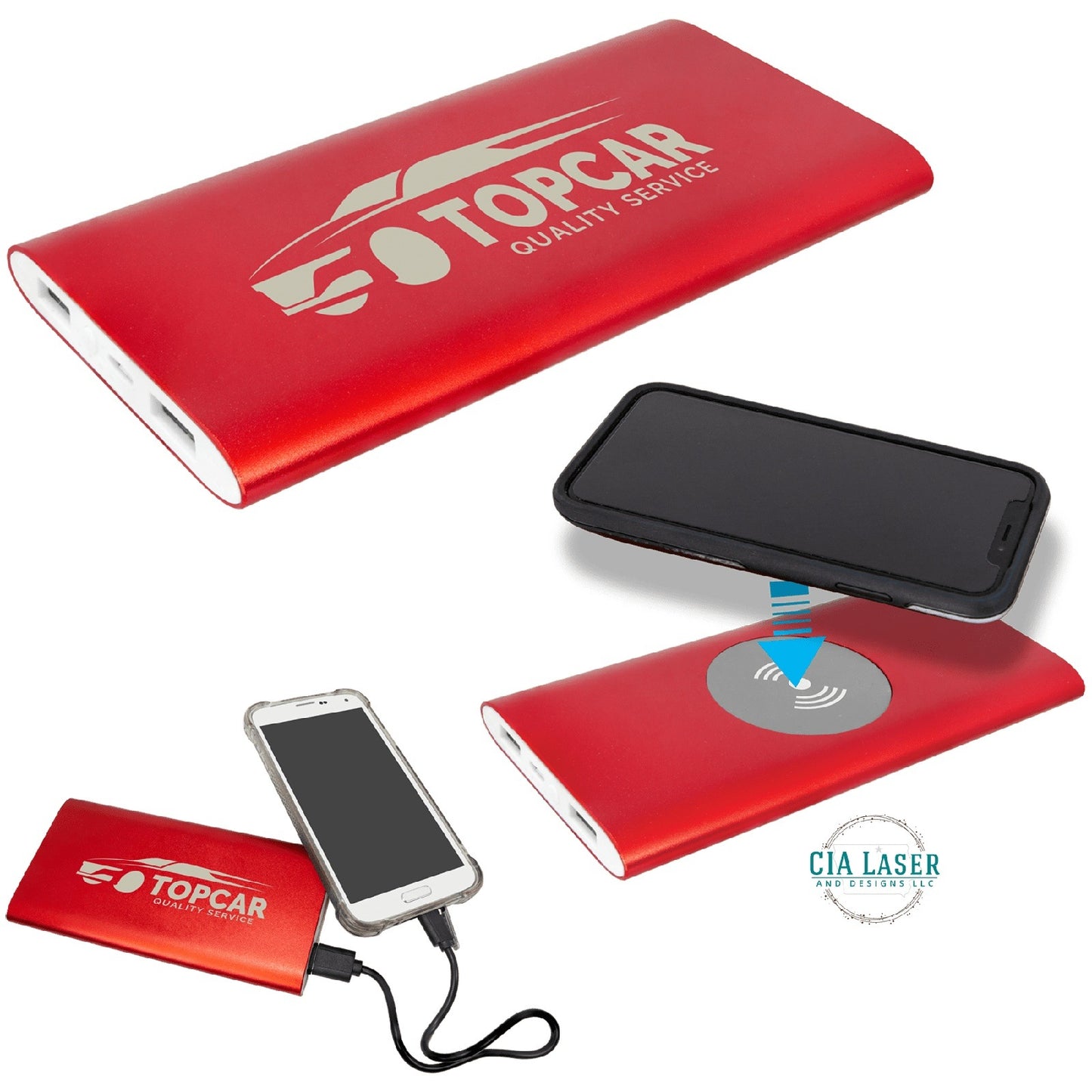 Power Bank and Anodized Aluminum Wireless Charger with Power Cord Personalized Engraved