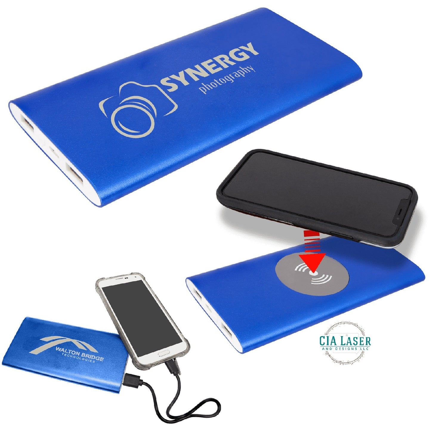 Power Bank and Anodized Aluminum Wireless Charger with Power Cord Personalized Engraved